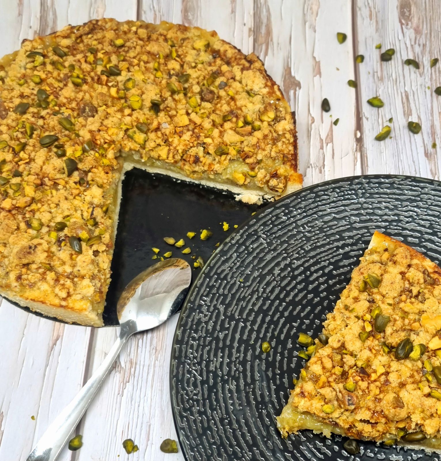 Tarte rhubarbe et crumble de pistache