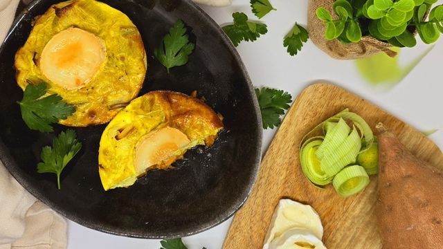 Quiche sans pâte patates douces, poireaux et chèvre