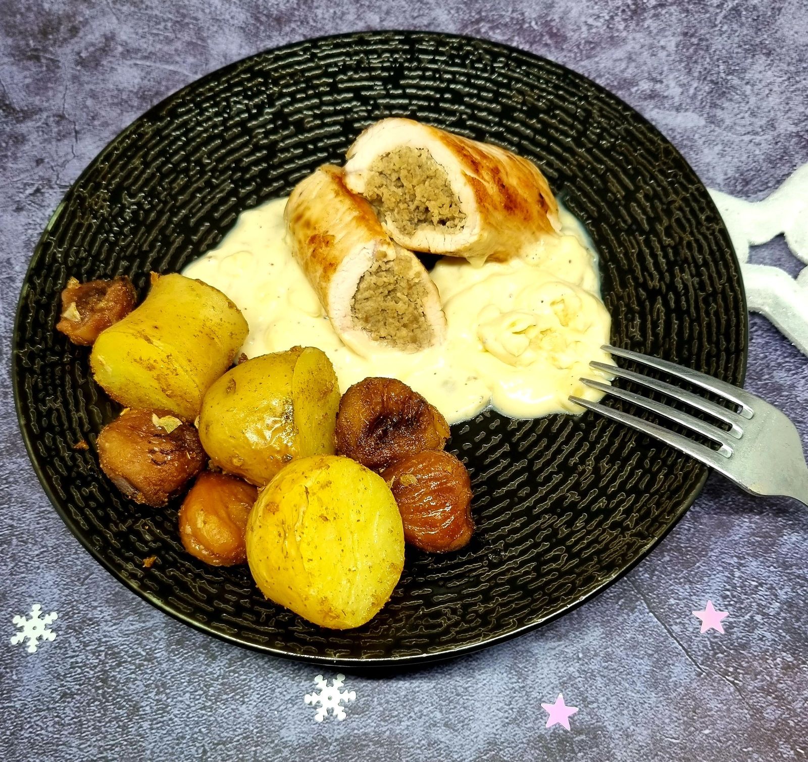 Pommes de terre et châtaignes rôties au cumin