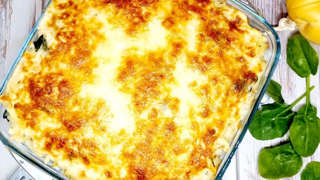 Gratin de pâtes aux épinards et poulet