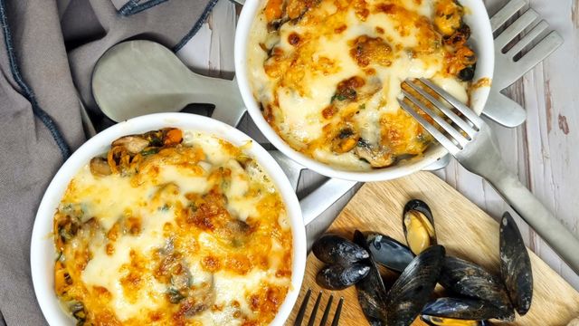 Gratin de moules aux champignons et comté