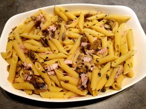 Gratin de pennes aux champignons, sauce potimarron