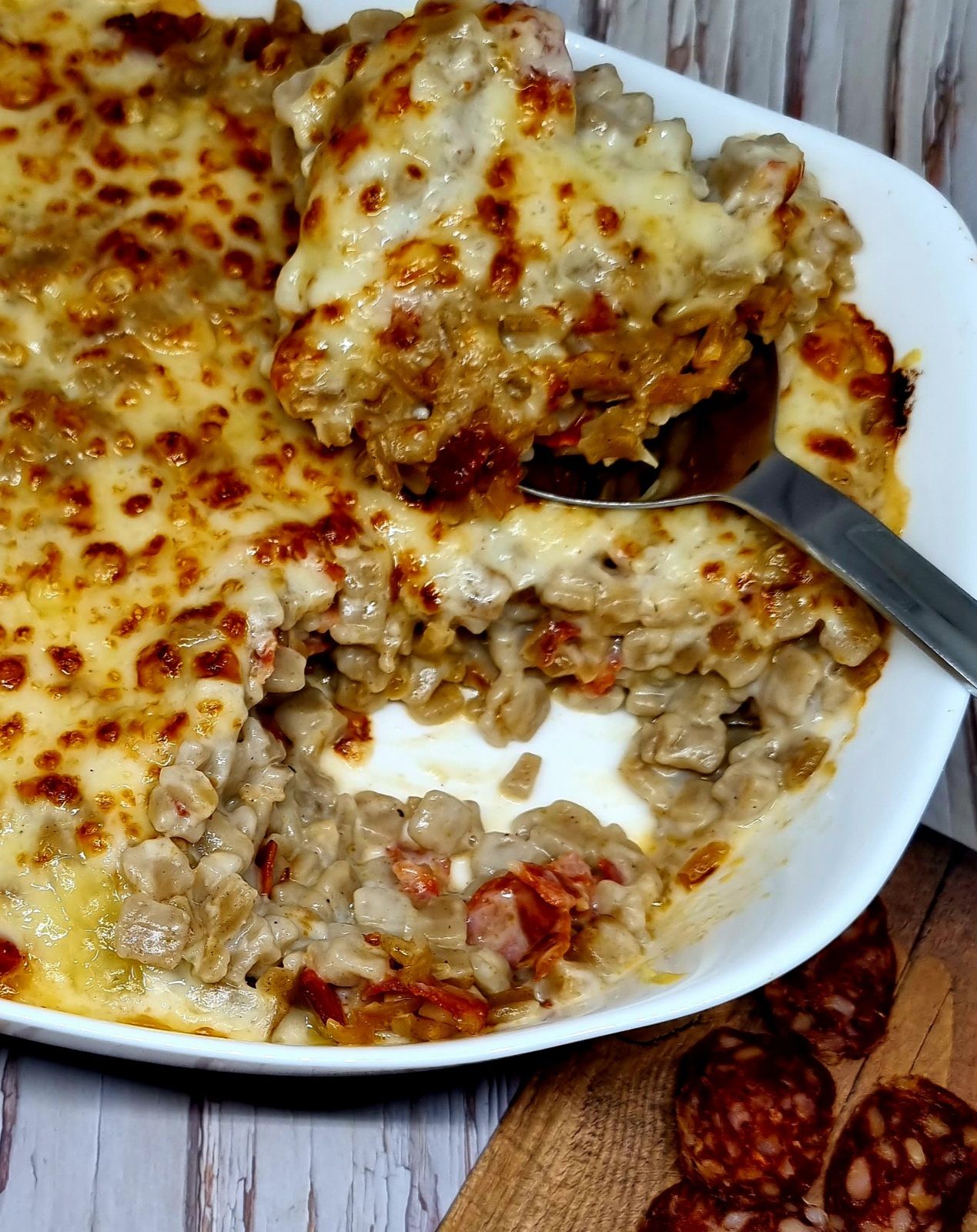 Gratin de crozets au chorizo et comté